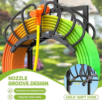 New Upgraded 3-in-1 Garden Hose Holder with Solar Light & Shepherds Hooks | Stores 160" Hose, Freestanding with Double Hooks for Hanging Decor - Perfect for Outdoor Yard, Lawn & Patio at Night