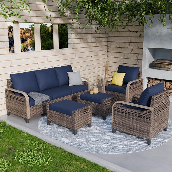 COOS BAY Modern Wicker Outdoor Furniture Set, Patio Conversation Set with Patio Chairs, 3 Seat Couch, and Ottomans, 5 Piece, Brown/Blue