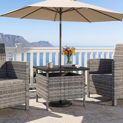 Giantex Umbrella Table, Outdoor Side Table with 2" Umbrella Hole, Rattan Umbrella Stand Holder, Heavy Duty Metal Frame, Patio Bistro Table for Deck Garden Poolside, Mix Gray (HDPE Tabletop)