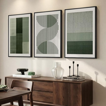 Large Framed Green Abstract Wall Art for Living Room, 3 Piece Modern Canvas Prints Paintings Artwork for Walls, Minimalist Sage Green Geometric Pictures Wall Decor for Hallway Dining Bedroom 24x36 In