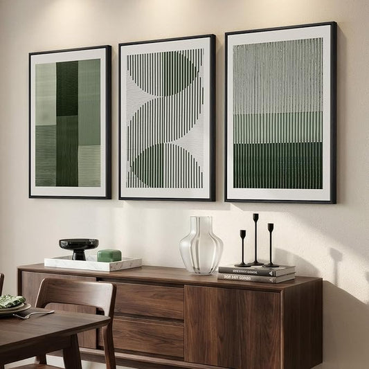 Large Framed Green Abstract Wall Art for Living Room, 3 Piece Modern Canvas Prints Paintings Artwork for Walls, Minimalist Sage Green Geometric Pictures Wall Decor for Hallway Dining Bedroom 24x36 In