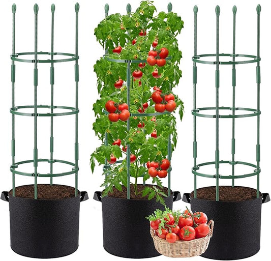 3 Sets Tomato Cages with 10-Gallon Sturdy Grow Bags, 48.5" Planter Support Trellis Pots Kit for Garden, Flowers Vegetable Cages for Cucumbers Eggplants Vertical Climbing Plants Vines