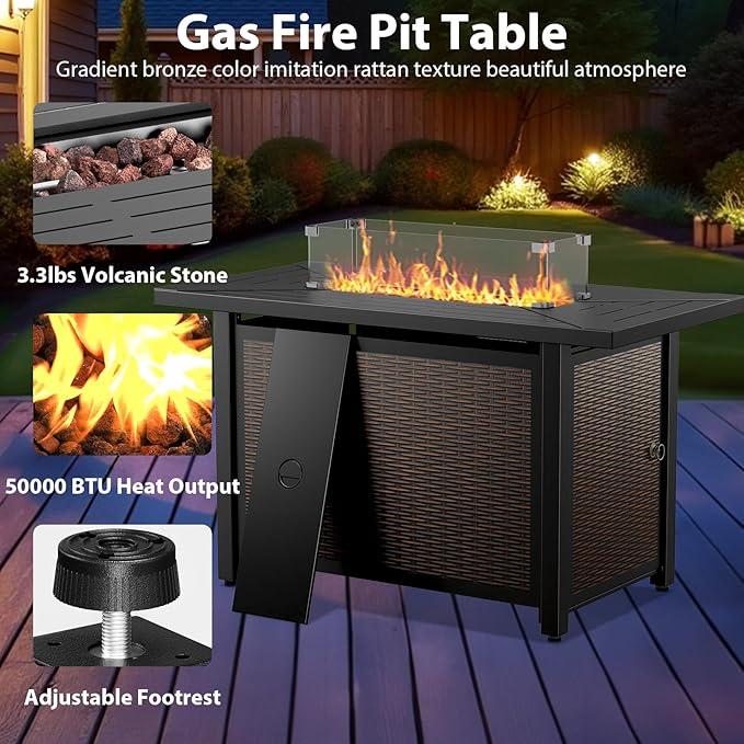 5 Piece Patio Furniture Set with Fire Pit Table - Wicker Patio Conversation Set with Swivel Glider, 3-Seat Sofa, Tempered Glass Side Table for Deck Backyard - Grey Wicker Grey Cushion