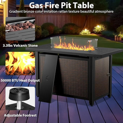 5 Piece Patio Furniture Set with Fire Pit Table - Wicker Patio Conversation Set with Swivel Glider, 3-Seat Sofa, Tempered Glass Side Table for Deck Backyard - Grey Wicker Grey Cushion