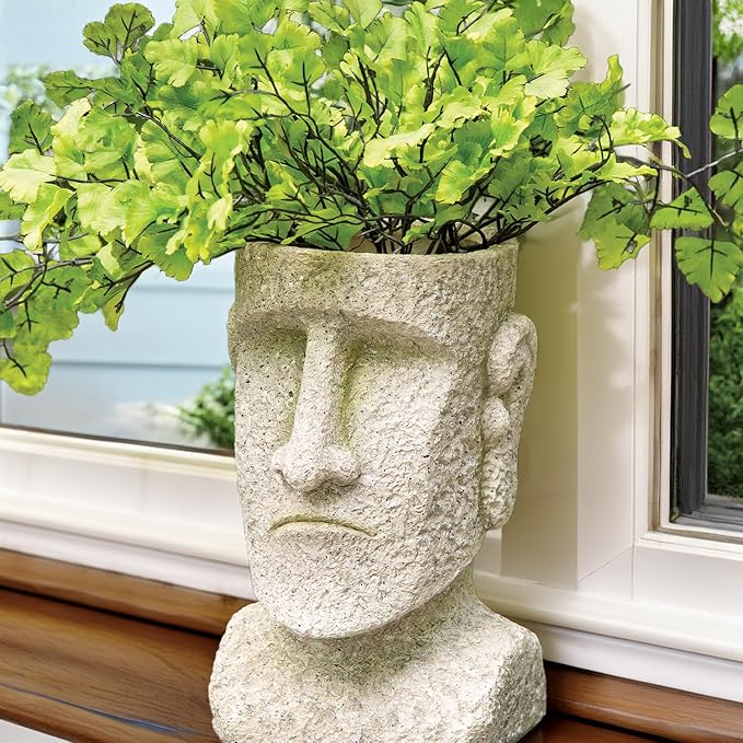 Bits and Pieces - Easter Island Head Statue Planter - Large Garden Decorations - Polyresin Sculpture - Indoor/Outdoor Moai Statue Planter - Moai Head Urn for Plants - 8.75" Tall