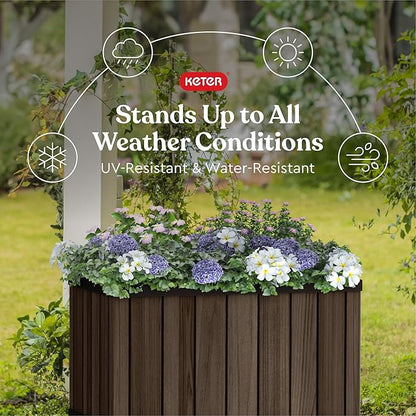 Keter Signature 21.7 Inch Tall Rectangular Large Wood Look Planter for Indoor or Outdoor Flower Pot Ideal for Patio Deck and Front Porch Decor, Rosewood