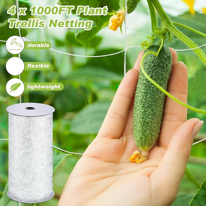 Berlune 4 x 1000 ft Trellis Netting Roll Soft Mesh Nylon Heavy Duty Garden Trellis Netting Bulk for Climbing Plants, Grape Racks, Growing Support Bean, Pea, Tomatoes