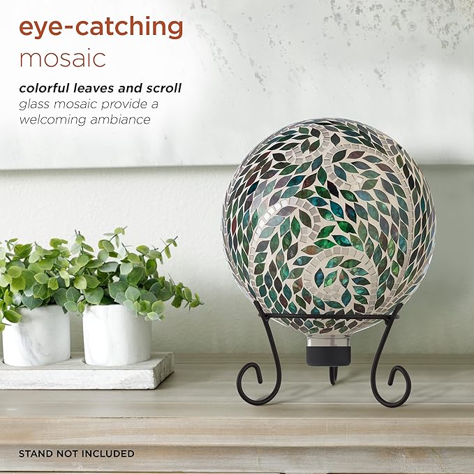 Alpine Corporation 10" Diameter Indoor/Outdoor Glass Mosaic Gazing Globe Yard Decoration, Scroll Leaf Pattern Design