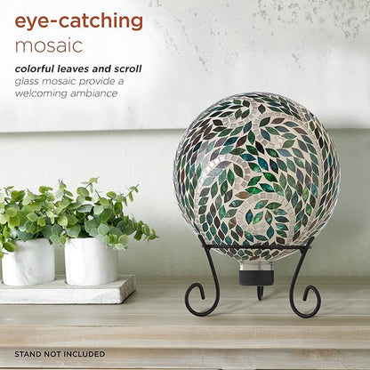 Alpine Corporation 10" Diameter Indoor/Outdoor Glass Mosaic Gazing Globe Yard Decoration, Scroll Leaf Pattern Design
