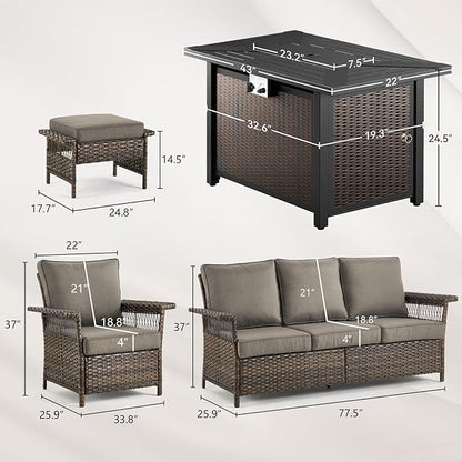 Patio Furniture Set with Fire Pit Table, 6PCS Patio Conversation Set Brown Resin Wicker Patio Chair Sofa Ottoman with 43in Rectangular Iron Outdoor Fire Table PE Rattan Furniture