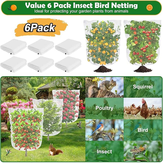 6 Pack Bird Netting for Garden, 3.2×5.2Ft Blueberry Bush Netting Cover with Drawstring, Insect Net Blueberry Netting Plant Covers Garden Netting for Garden Protection Tomato Fruit Bush