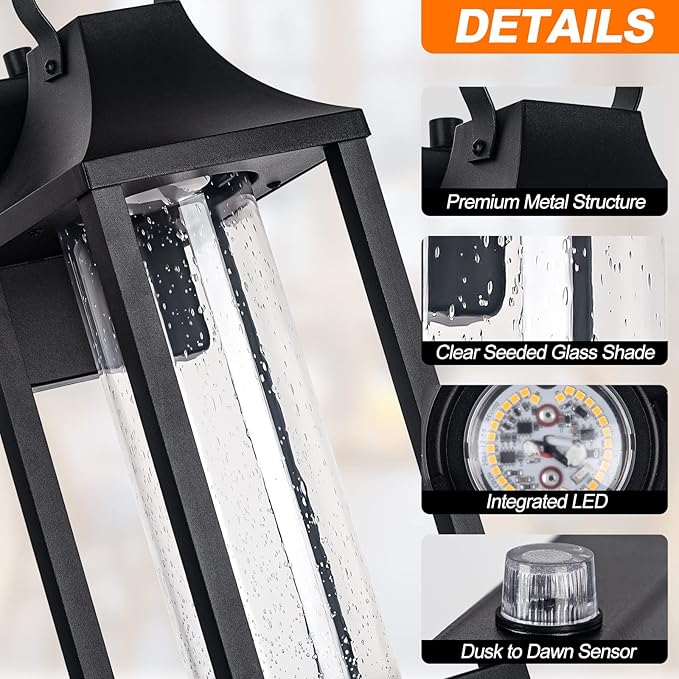 Dusk to Dawn Outdoor Led Wall Light Fixture, 15" Large Exterior Wall Lantern with Clear Seed Glass, Modern Wall Mounted Sconce Waterproof, Outside Porch Lamp for House Patio Garage 13W 3000K