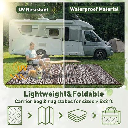 MontVoo Outdoor Rug Carpet Waterproof 5x8 Outdoor Patio Rug Mat Reverisble Plastic Straw Outdoor Rug for RV Camping Picnic Beach Balcony Boho Beige Brown