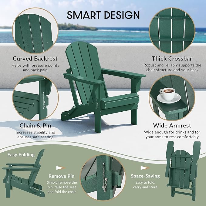 WestinTrends Malibu 2 Piece Set Outdoor Folding Poly Adirondack Chair, Dark Green
