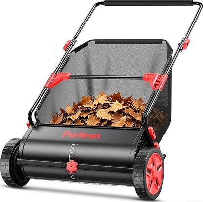Push Lawn Sweeper, 26 Inch Leaf & Grass Collector, Strong Rubber Wheels & Heavy Duty Thickened Steel Durable to Use with Large Capacity 7 ft³ Mesh Collection Bag, 4 Spinning Brushes