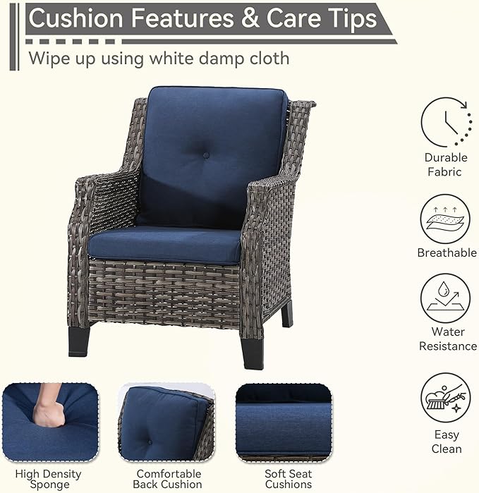 Patio Chairs Set of 2 Rattan Chair Patio Furniture Set with Thick Cushions and All-Weather PE Wicker for Garden, Patio and Porch, Navy