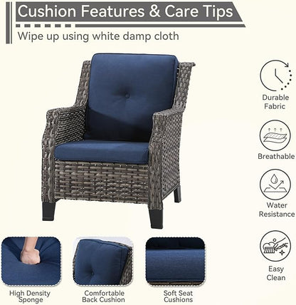 5 Piece Patio Furniture Wicker Conversation Set, 2 Chairs, 2 Ottomans with 1 Side Table, for Outdoors, Backyard, Deck, Navy