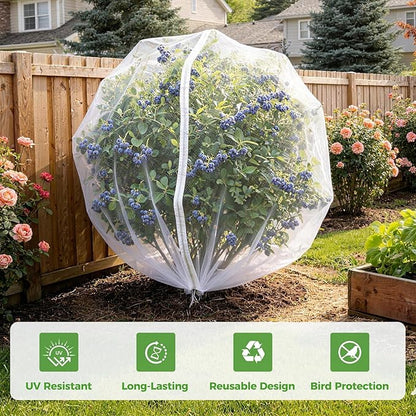 Blueberry Bush Netting Cover 2 Pack 8 x 8 ft, Garden Bird Netting with Zipper & Drawstring, Reusable Berry Bush Netting for Highbush Blueberries & Fruit Tree, Bird Deer Insect and Poultry Barrier