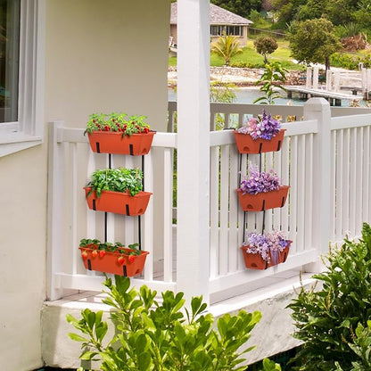 OYEAL Hanging Flower Pots for Railing Fence Outdoor Window Boxes Planter with Adjustable Hooks, Set of 2 Deck Rail Planters with 6 Detachable Plastic Planter Boxes, Drainage Holes, Brick Red