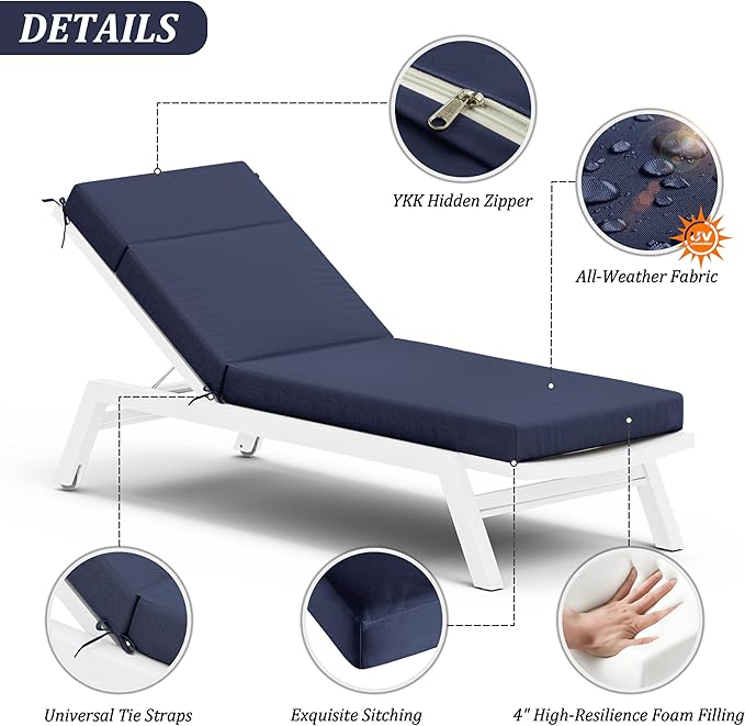 Chaise Lounge Cushion for Outdoor Furniture, Waterproof Fade and Tear Resistant Lounge Deck Chair Cushions for Patio Lawn Pool Resort Hotel