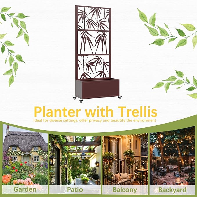 Metal Mobile Planter Box with Trellis, 75"x 32"x 15" Moblie Planter Box Trellis with Privacy Screen, Drainage Holes and 4 Lockable Wheels, Brown, Bamboo Style