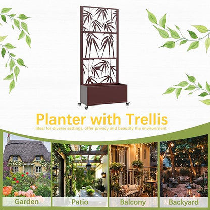 Metal Mobile Planter Box with Trellis, 75"x 32"x 15" Moblie Planter Box Trellis with Privacy Screen, Drainage Holes and 4 Lockable Wheels, Brown, Bamboo Style