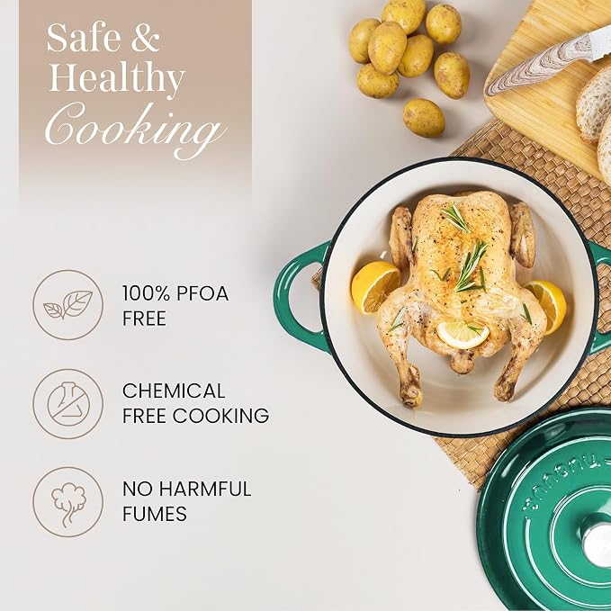 Cast Iron Dutch Oven with Lid - Non-Stick Ovenproof Enamelled Casserole Pot- Sturdy Dutch Oven Cookware - Dark Green, 7.3-Quart, 30cm - by Nuovva