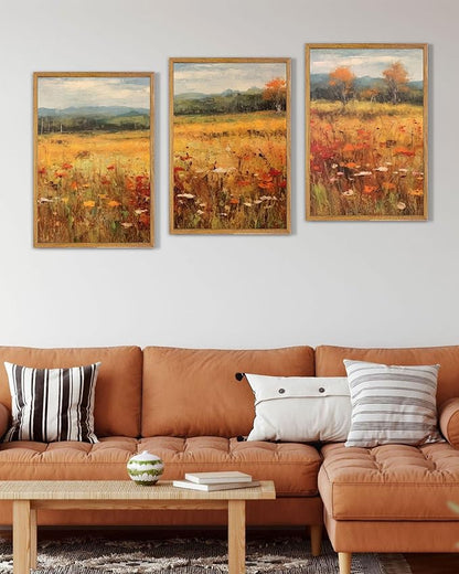 UPWOIGH Large Framed Canvas Wall Art, Set of 3 Gold Vintage Autumn Prints, 16x24 in Natural Cotton Posters with Wildflowers, Botanical Farmhouse Style for Living Room, Bedroom, Dining Room, Office