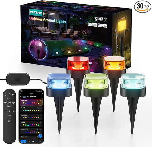 REYLAX 100FT Outdoor Ground Lights 30 Pack, RGB+IC Garden Lights with Warm and Cool White, IP67 Waterproof Pathway Light, Music Sync, Timing, App & Remote Control, Works with Alexa Google Assistant