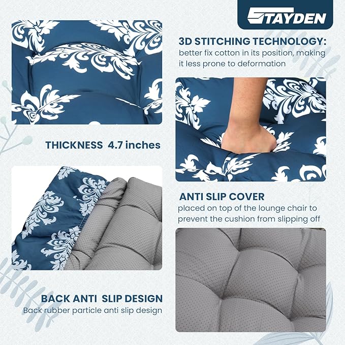 Outdoor Lounge Chair Cushions, Chaise Lounge Chair Cushions Replacement for Patio Furniture with Ties Waterproof Fabric Pool Chasie Cushion 74.4 x 22 x 4.7 Inches Blue and White Flowers
