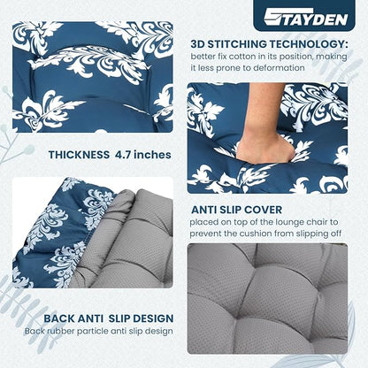 Outdoor Lounge Chair Cushions, Chaise Lounge Chair Cushions Replacement for Patio Furniture with Ties Waterproof Fabric Pool Chasie Cushion 74.4 x 22 x 4.7 Inches Blue and White Flowers