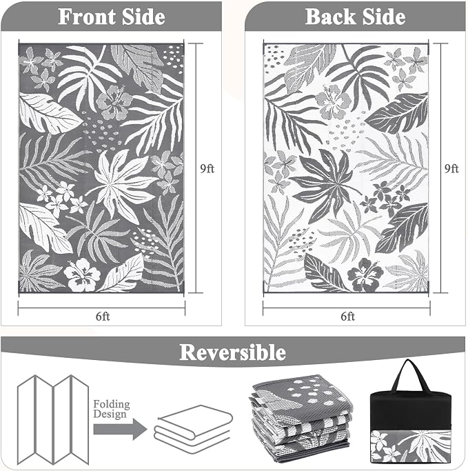 Pauwer Waterproof Outdoor Rug 6x9, Reversible Plastic Straw Patio Camping Rug, Indoor Outdoor RV Mat Carpet for Deck, Camper, Porch, Balcony, Backyard, Picnic, Floral Grey