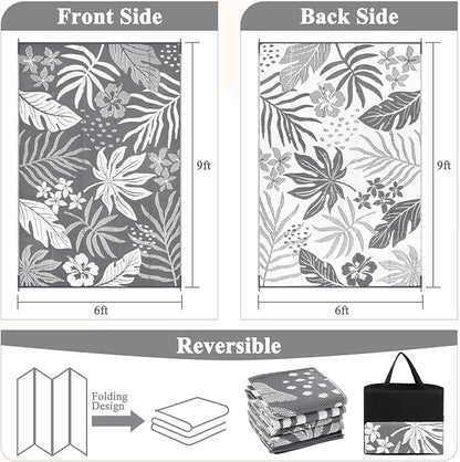 Pauwer Waterproof Outdoor Rug 6x9, Reversible Plastic Straw Patio Camping Rug, Indoor Outdoor RV Mat Carpet for Deck, Camper, Porch, Balcony, Backyard, Picnic, Floral Grey