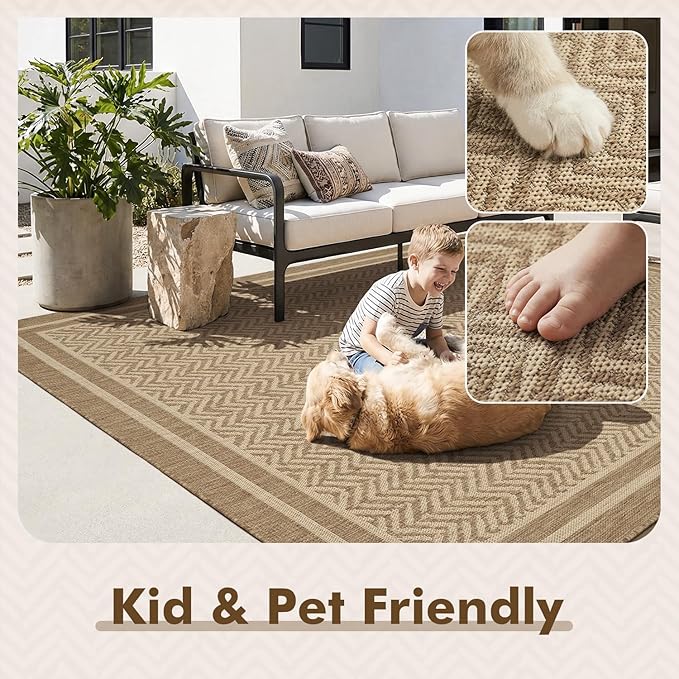 MontVoo-Outdoor Rug-Patio Rug 4x6 Polypropylene Indoor Outdoor Rugs Outdoor Carpet for Patio Deck Balcony Porch, Textured Weave, Durable for High Traffic, Fade-Resistant, Boho Farmhouse Neutral Brown