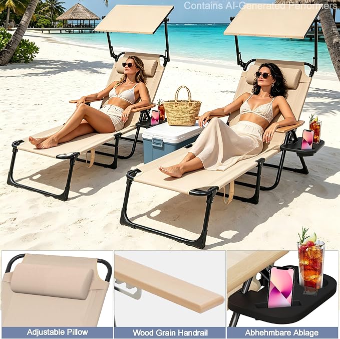 Beach Lounge Chairs with Armrests, 4-Position Folding Lounge Chairs for Outside, Sunbathing Portable Lounge Chaise, Tanning Chair Pillow & Cup Holder, for Outside Beach Pool (Beige.)