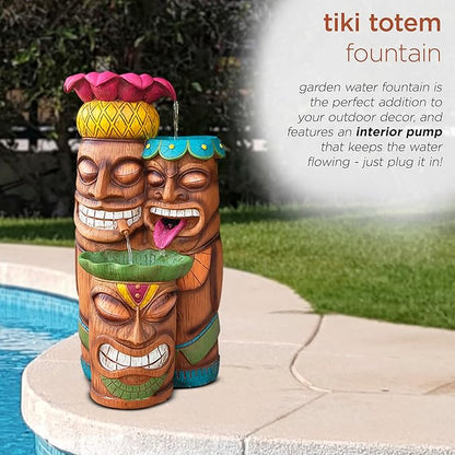 Alpine Corporation - 3-Tiered Colorful Tiki Head Water Fountain, Indoor/Outdoor Tropical Waterfall with LED Lights, for Garden, Patio, Yard, 35" H