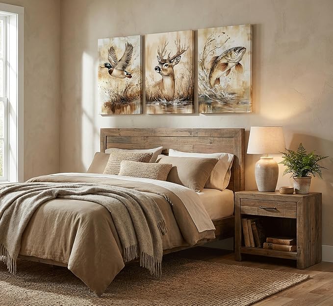 3Pcs Rustic Outdoor Wildlife Canvas Wall Art Watercolor Deer Duck And Fish Wall Decor Pictures Vintage Farmhouse Hunting Posters Prints for Living Room Bathroom Kitche Home Decoration