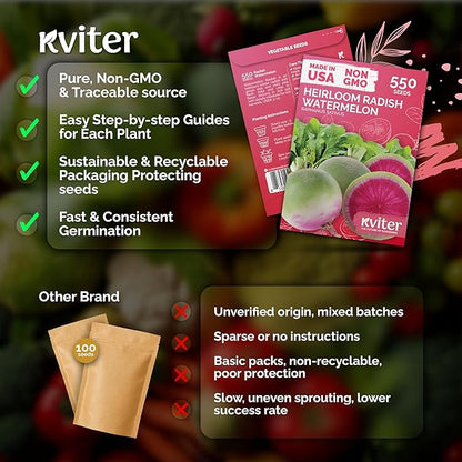 KVITER 550 Watermelon Radish Seeds (Raphanus Sativus) - Red Meat Radish Seed Packets, Mild Sweet Flavor, Heirloom Seed - Annual Vegetable Seeds for Outdoor Garden, Raised Beds, Containers