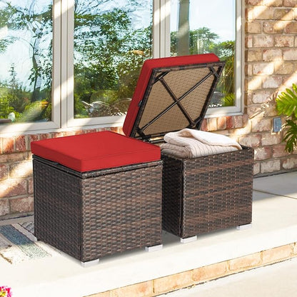 Tangkula 2 Pieces Patio Ottomans, Patiojoy Hand-Woven PE Rattan Side Table with Removable Cushion & Hidden Storage Space, Multifunctional Storage Box, Seat for Patio, Backyard, Poolside (Red)