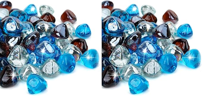 Mr. Fireglass 10 Pounds Blended Fire Glass Diamonds for Fireplace Fire Pit & Lanscaping - 1 inch High Luster Fire Rocks with Mixed Colors (Caribbean Blue+Crystal Ice+Amber) (Pack of 2)