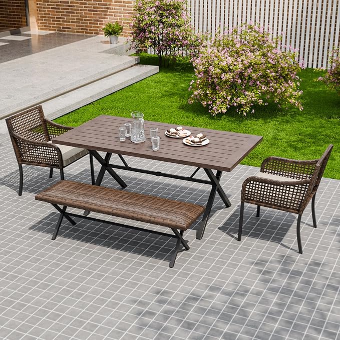 COOS BAY Echo Vibe Patio Dining Set for 4 with 2 Chairs, a Bench and a Table, 4 Piece Outdoor Dining Set, Brown/Beige