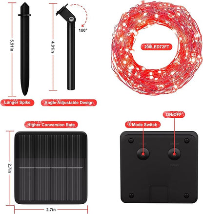 Selarlyt Solar String Lights for Outside, 72Ft 200 LED Solar Fairy Lights with 8 Modes, Solar Powered Fairy Lights Waterproof for Christmas Tree Garden Party Wedding（Red）