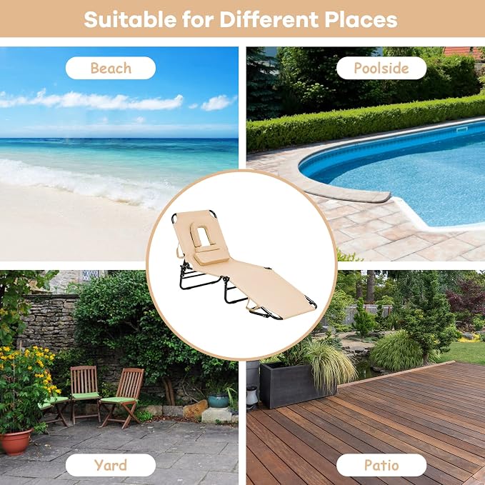 Folding Beach Lounge Chair w/ 5 Adjutable Backrest & Padded Pillow, Sunbathing Lounger Chair, Sun Tanning Lay Flat Chair for Seaside Pool Deck, Max Load 330 LBS, No Assembly Required (Beige)