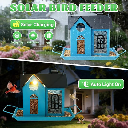 Solar Bird Feeder for Outdoors - Blue Metal Hanging Bird Feeder with Solar Light, Decorative for Wild Cardinals, Finches, Weatherproof Backyard Garden Decor Ideal Gift for Women Mom Grandma