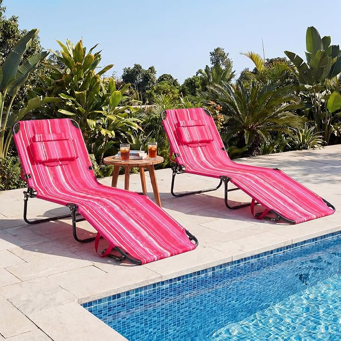 GYMAX Tanning Chair, 330lbs Beach Lounge Chair with Face Hole, Detachable Washable Pillow & Carry Strap, Adjustable Folding Lounger, Layout Chair for Outside, Patio, Poolside, Lawn (2, Hot Pink)