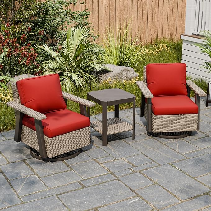 EAGLE PEAK Classic Wicker Patio Bistro Set of 3, Outdoor Patio Furniture with 360° Swivel Rocker Chair and Side Table, Lounge Set for Porch, Deck, or Balcony, Beige/Red