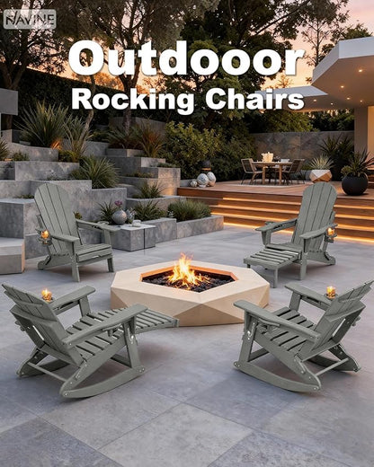 Adirondack Rocking Chairs Set of 8 with Retractable Ottoman, All Weather Folding Adirondack Chair with Two Cup Holders, Adirondack Outdoor Rocking Chairs for Porch, Patio, Balcony. White Grey