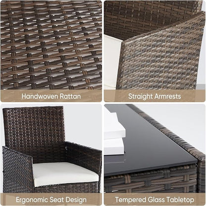DUMOS 3 Piece Patio Furniture Set, All-Weather Outdoor Wicker Chairs with Removable Cushions & Tempered Glass Table, Small Bistro Set for Porch, Balcony, Lawn, Backyard Brown