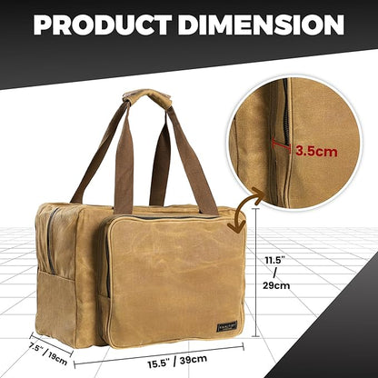 Tool Tote Bag - Large Capacity Tool Carrying Bag with 2 Zipper Pouches, Sustainable 16OZ Waxed Canvas Garden Tote for Gardening Set Hammer Fishing Gear Goggles - Khaki - 15.5"L x 7.5"W x 11.5"H