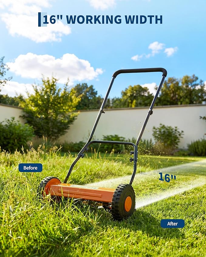 Garvee 16" Push Reel Lawn Mower, 5-Blade Manual Walk-Behind Lawn Mower with Adjustable Cutting Height, Compact Push Mower for Small Yards, Orange